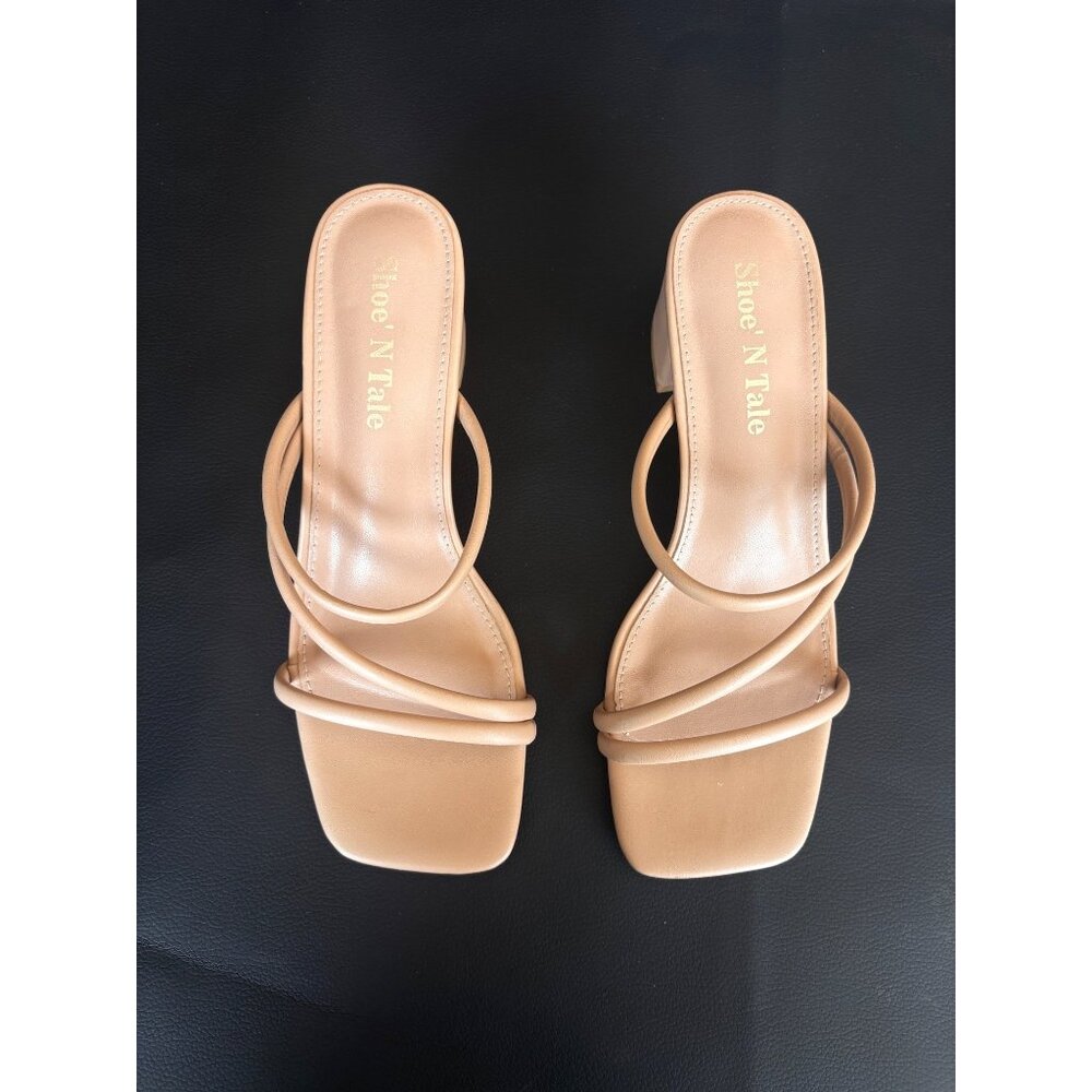 Beige Strappy Heeled Sandals Square Toe Slip-On Women's Shoes by ShoeN Tale Sz 6